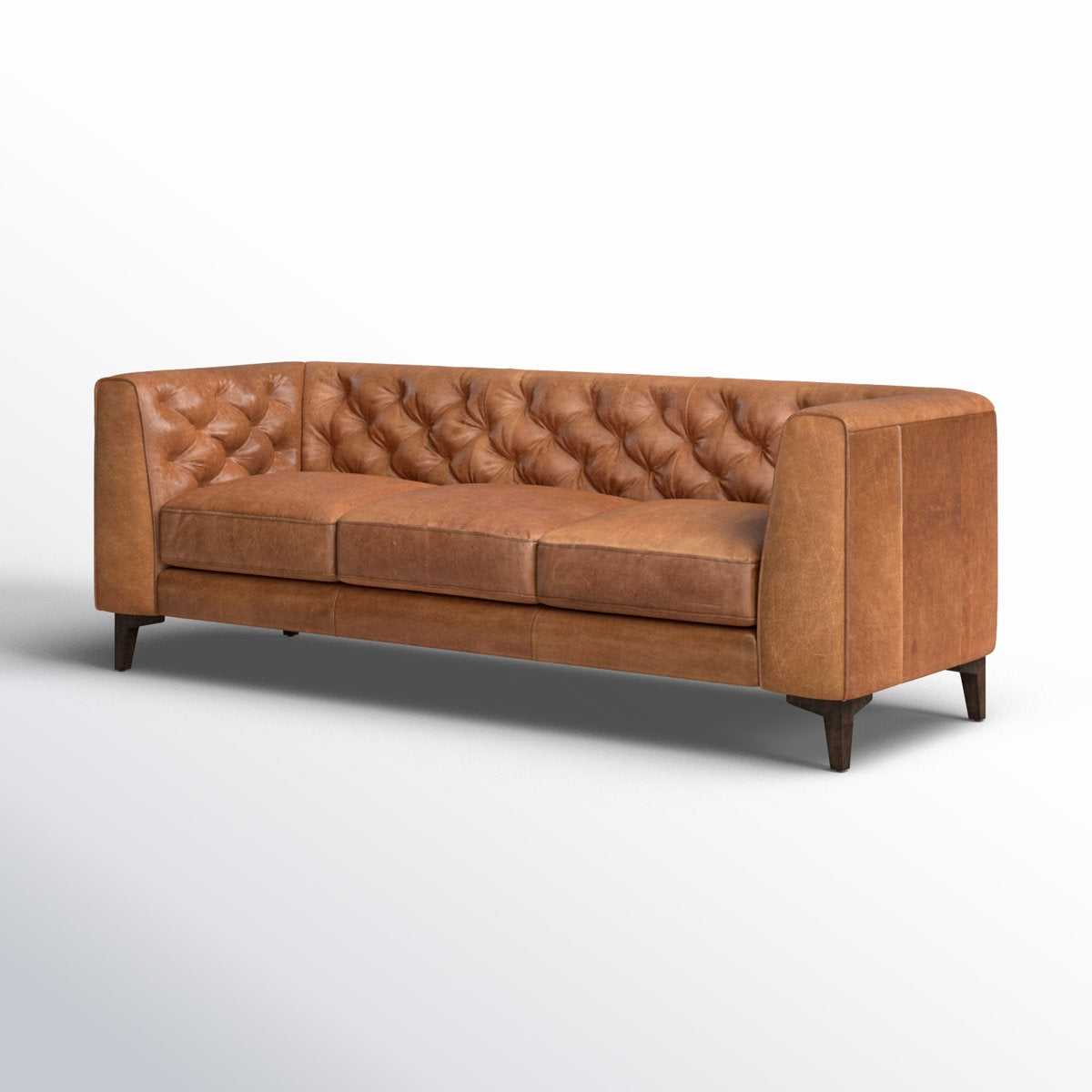 Classic Tufted Leather 3-Seater Sofa with Sheesham Wood Frame
