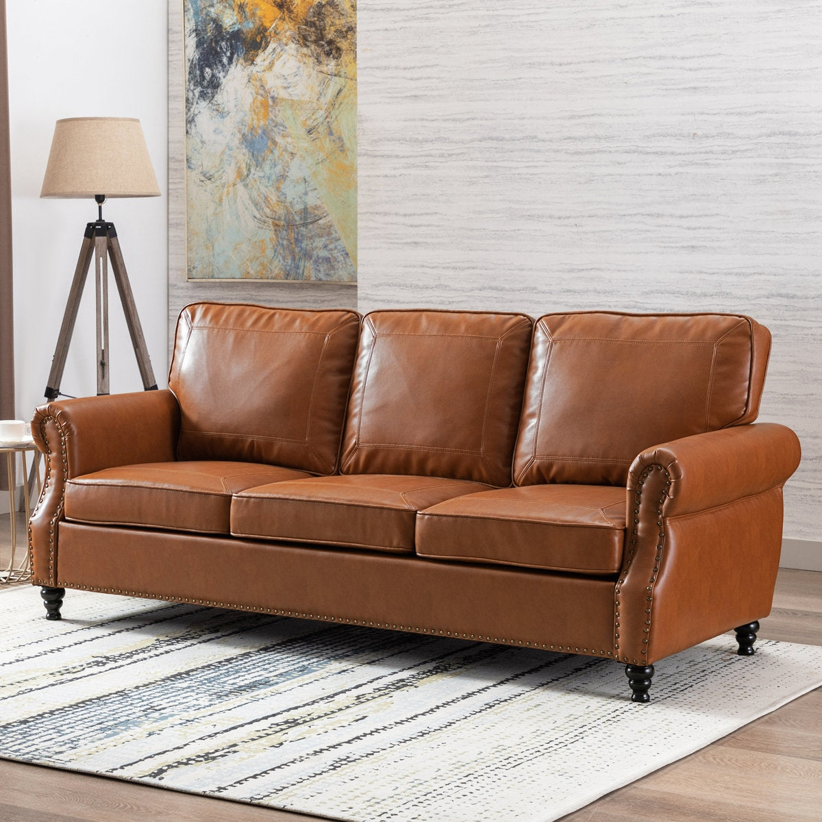 Three-Seater Blue Leather Sofa on Durable Sheesham Wood Base