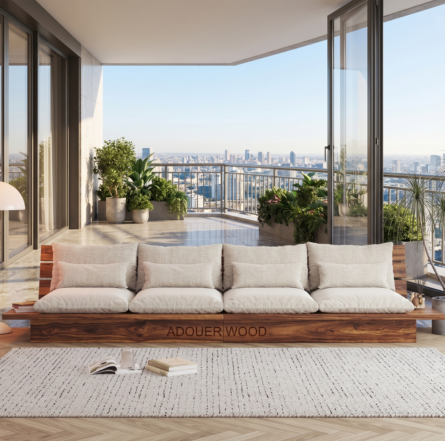 Japanese Style Platform Sofa with Soild Wood Base and Cotton Fabric