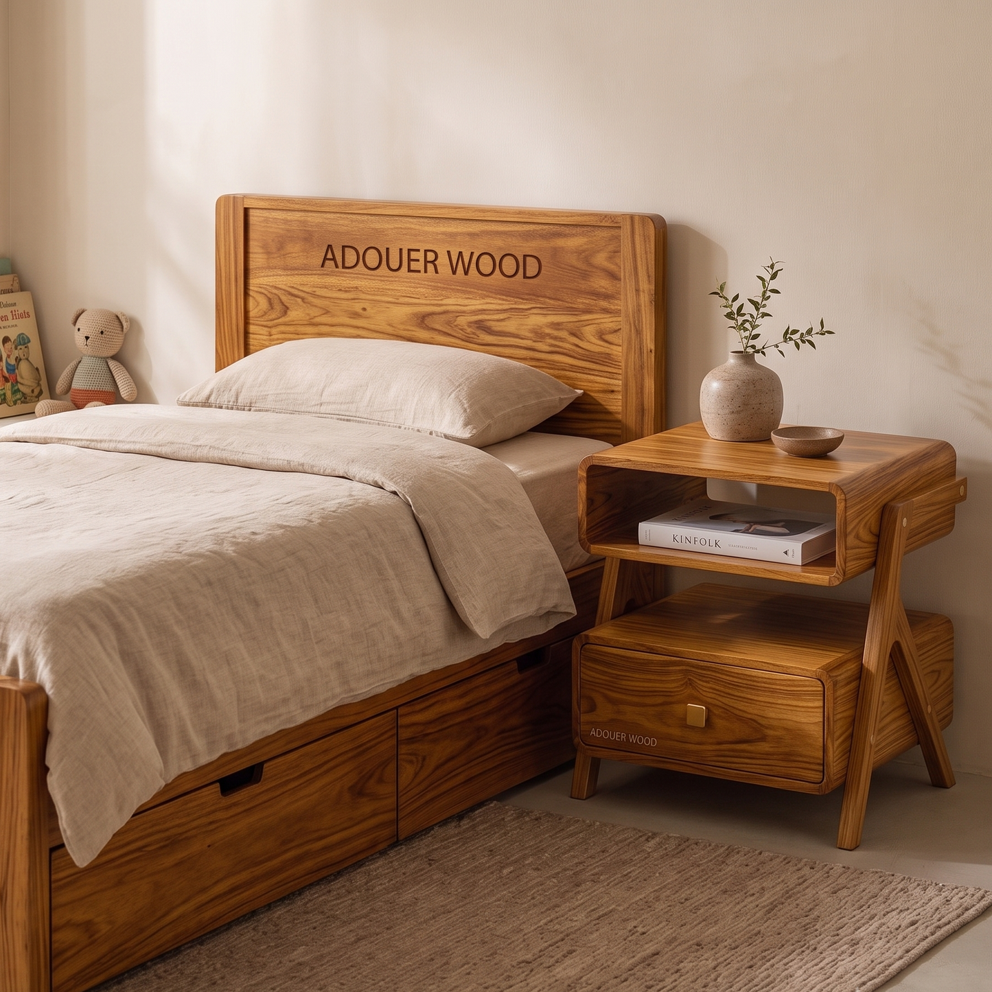Adouer Wood Retro Solid Wood Nightstand – 2-Tier Bedside Table with Drawer