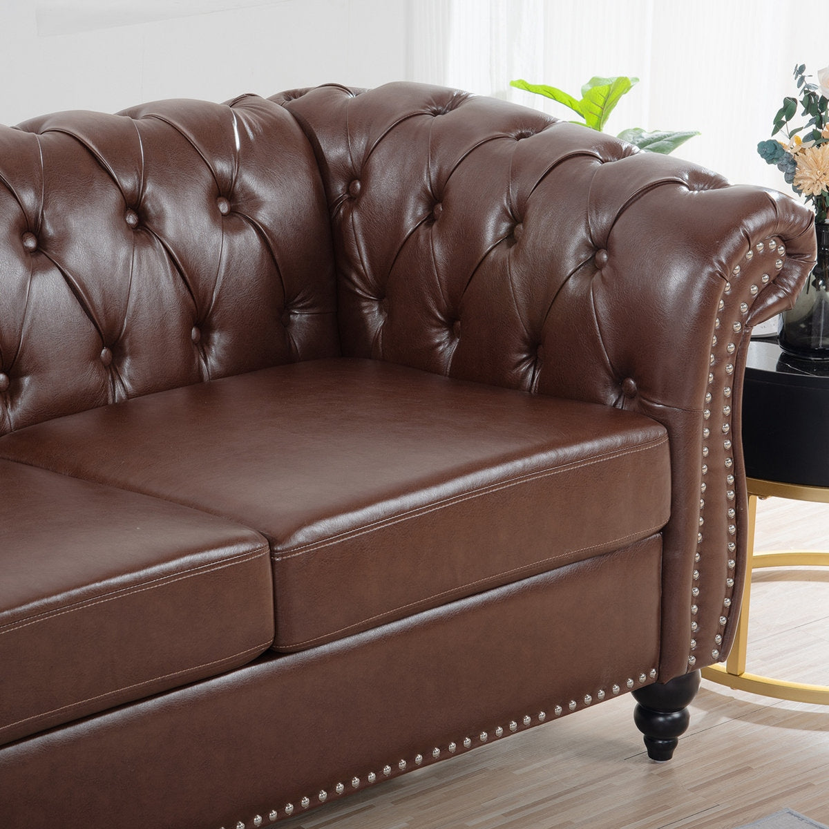 Classic Brown Leather Chesterfield Sofa with Sheesham Wood Frame