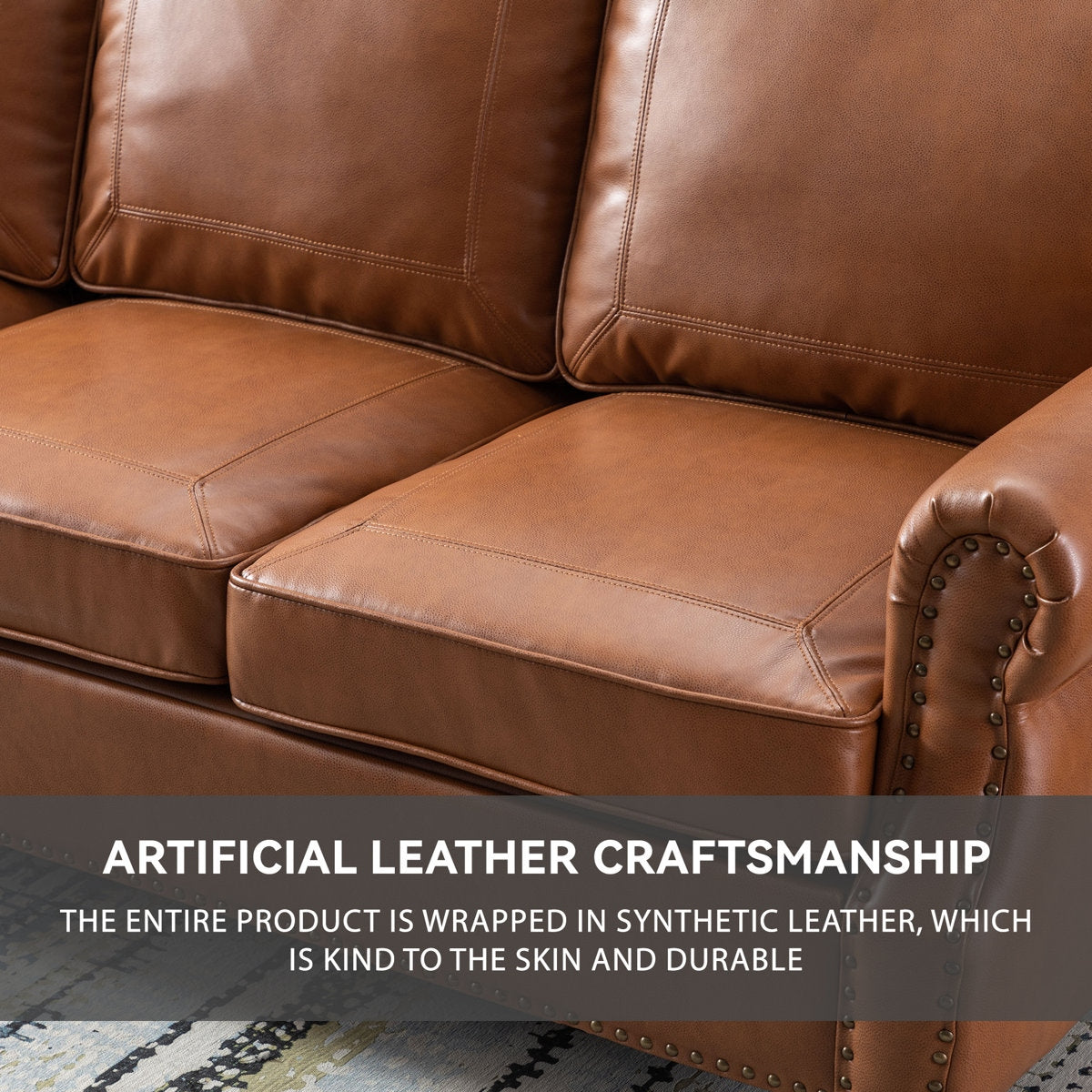 Three-Seater Blue Leather Sofa on Durable Sheesham Wood Base