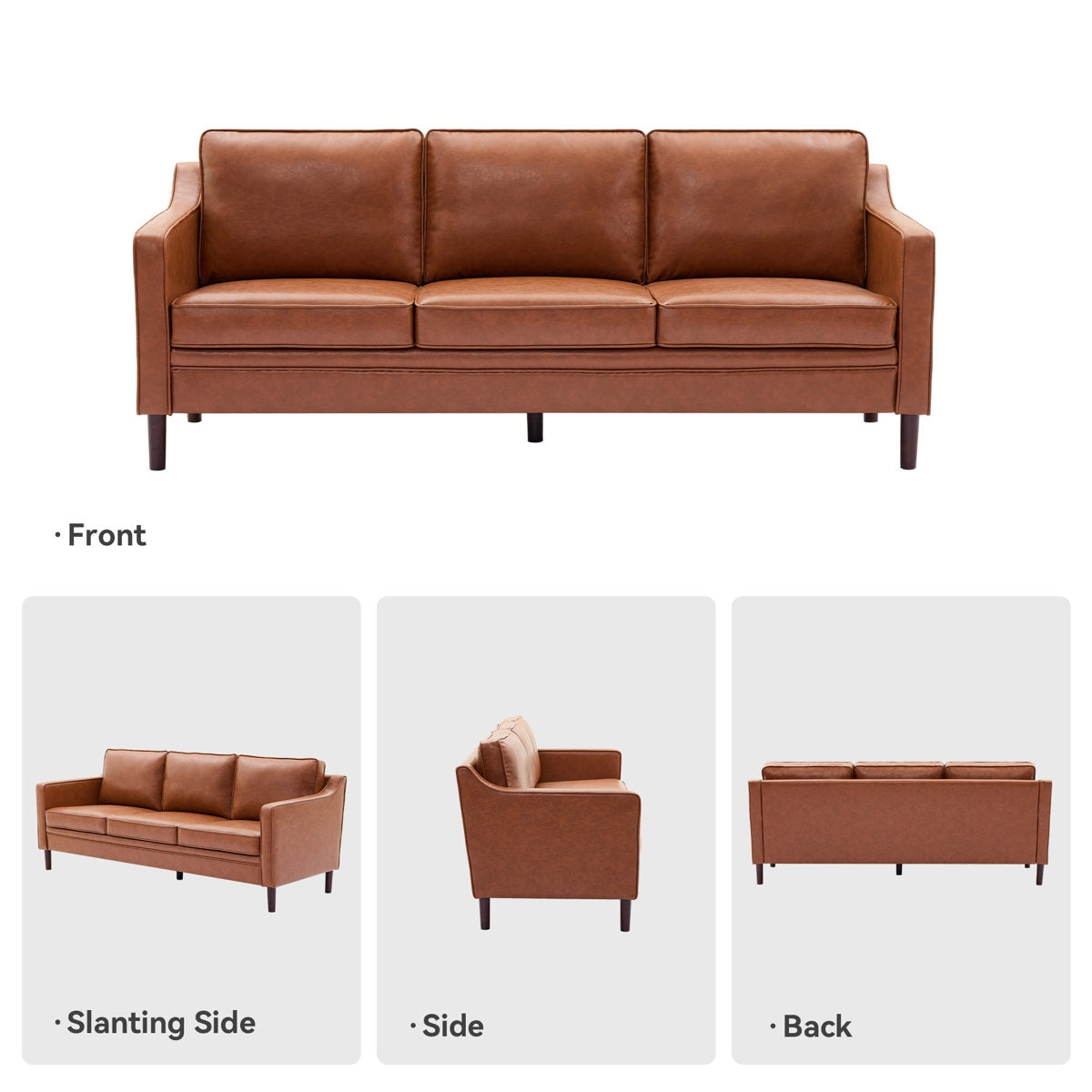Classic Brown Leather Couch with Sheesham Wood Frame and Tapered Legs