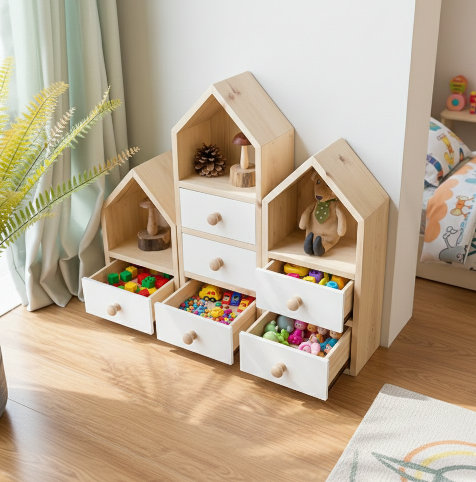 ADOUER WOOD Montessori Wooden House Storage Unit – Kids’ Nursery Bookshelf & Dresser with White Drawers – Set of 3 Modular Playroom Organizers