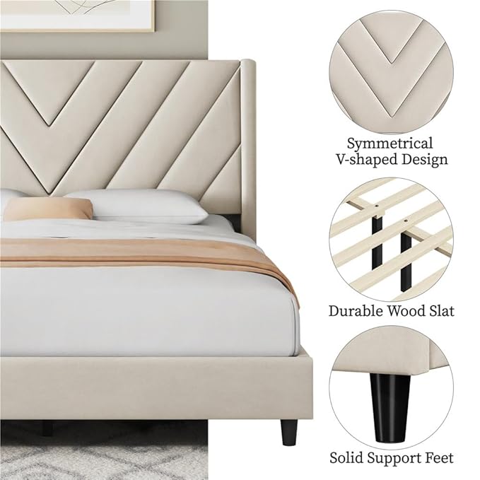 ADOUER WOOD Solid Wood Frame Upholstered Bed, Without Storage