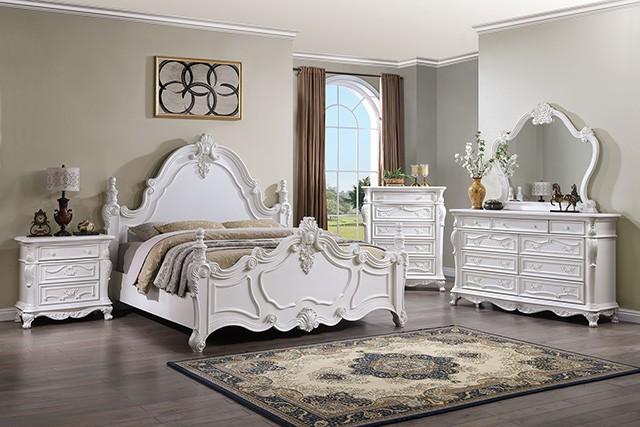 ADOUER WOOD Luxurious Maharaja Hand Carved Sheesham Wood White Designer Bed (Without Storage)