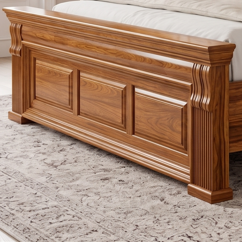 Adouer Wood Solid Wood Classic Panel Bed with Carved Pillars and Fluted Detailing