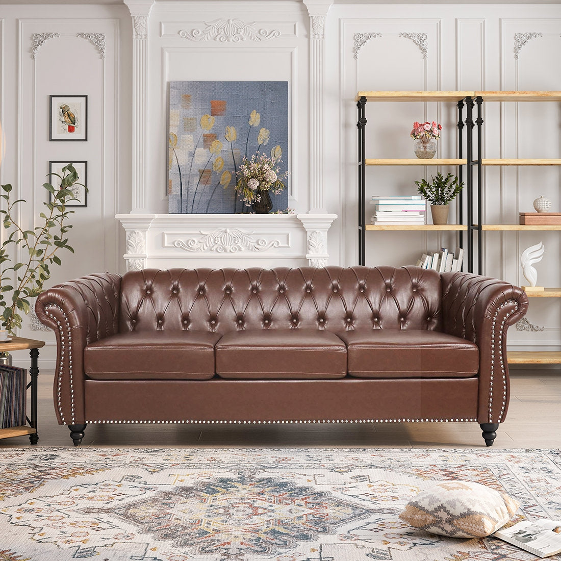 Classic Brown Leather Chesterfield Sofa with Sheesham Wood Frame