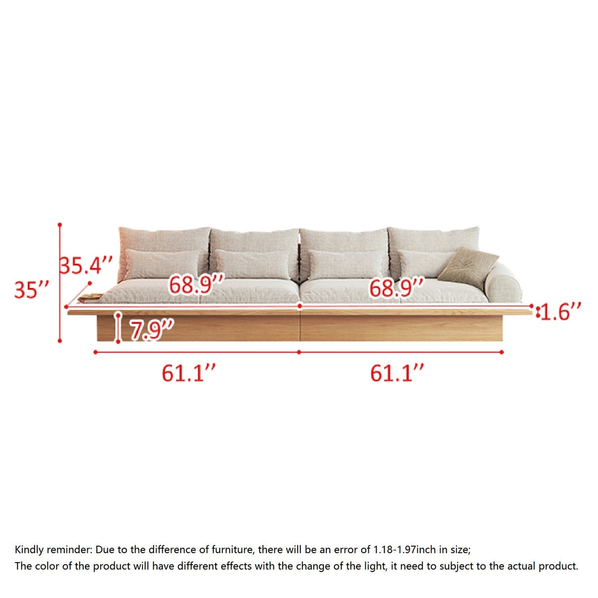 Japanese Style Platform Sofa with Soild Wood Base and Cotton Fabric