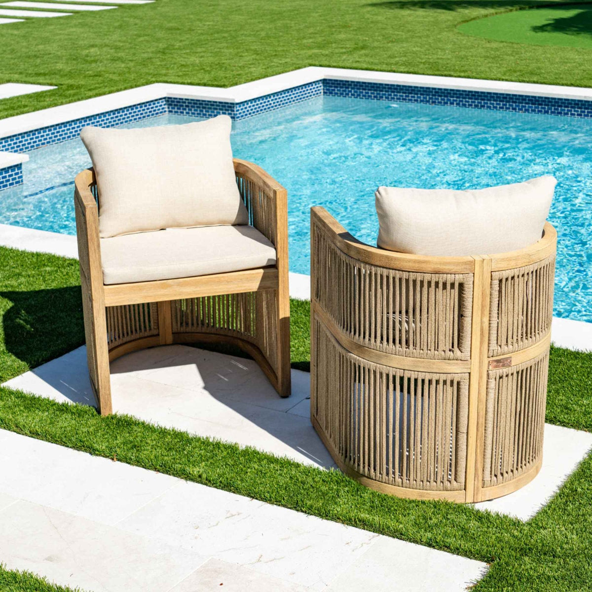 Solid Wood Rectangular Dining Table with Hand-Woven Barrel Chairs