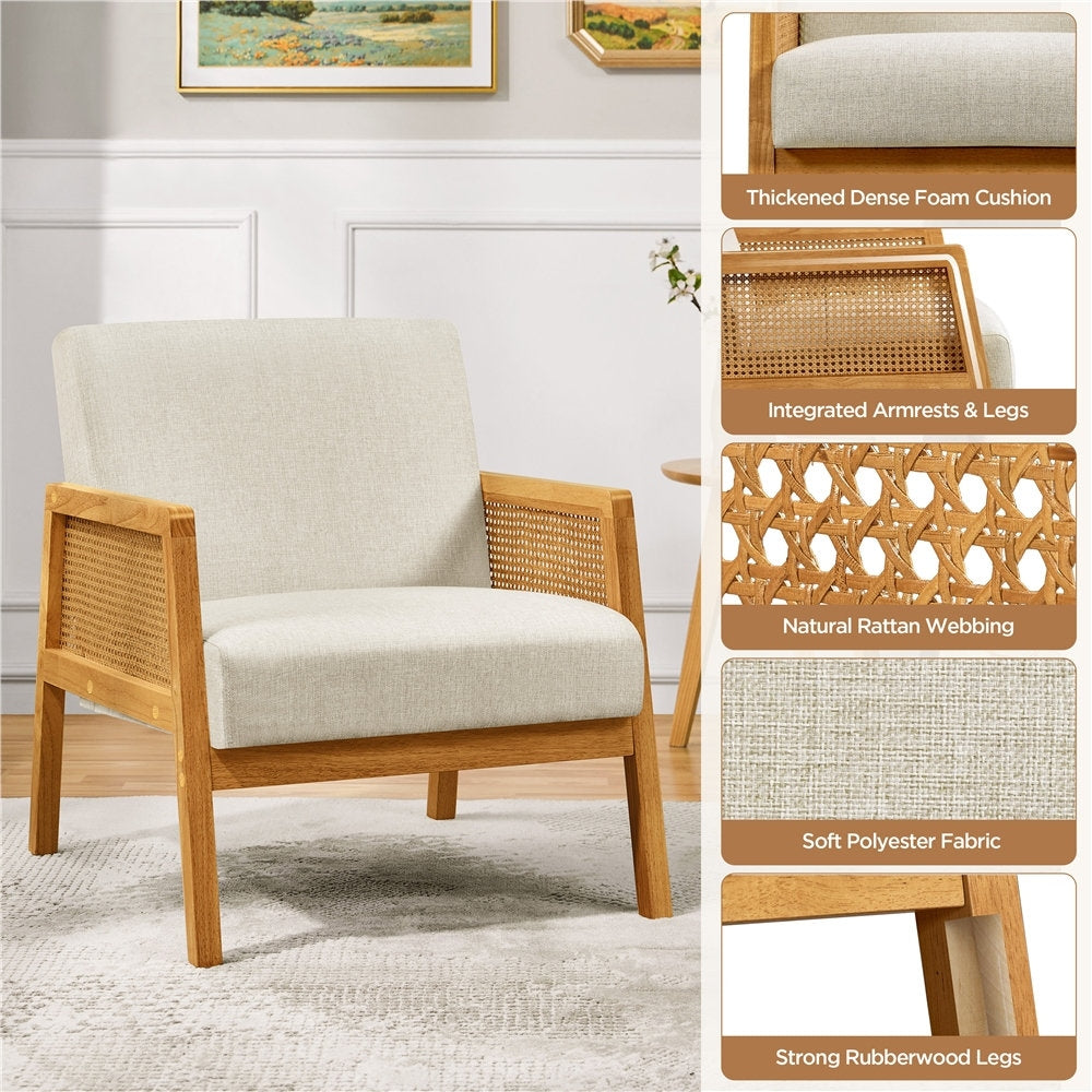 Modern Caned Arm Chair – Acacia Wood & Cotton