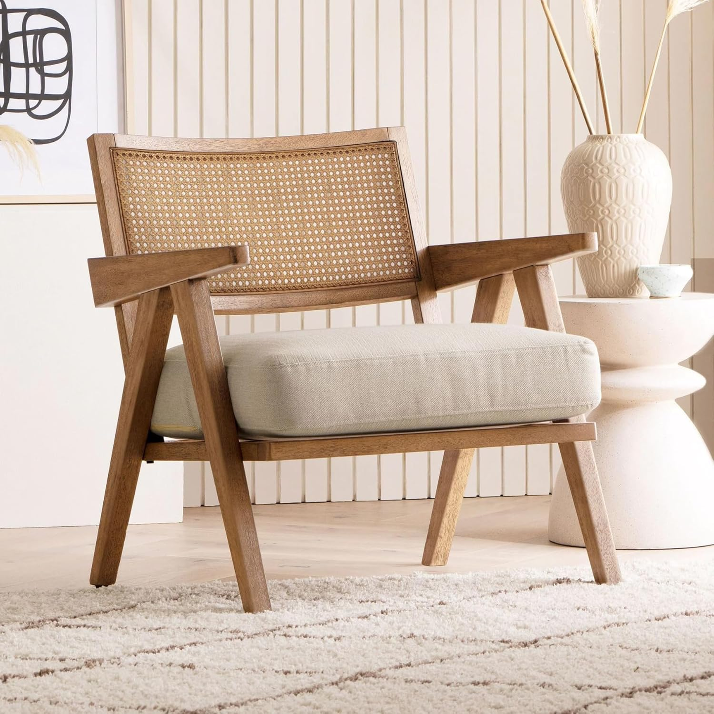 ADOUER WOOD Acacia Wood Rattan Handle Luxury Arm Chair - Natural