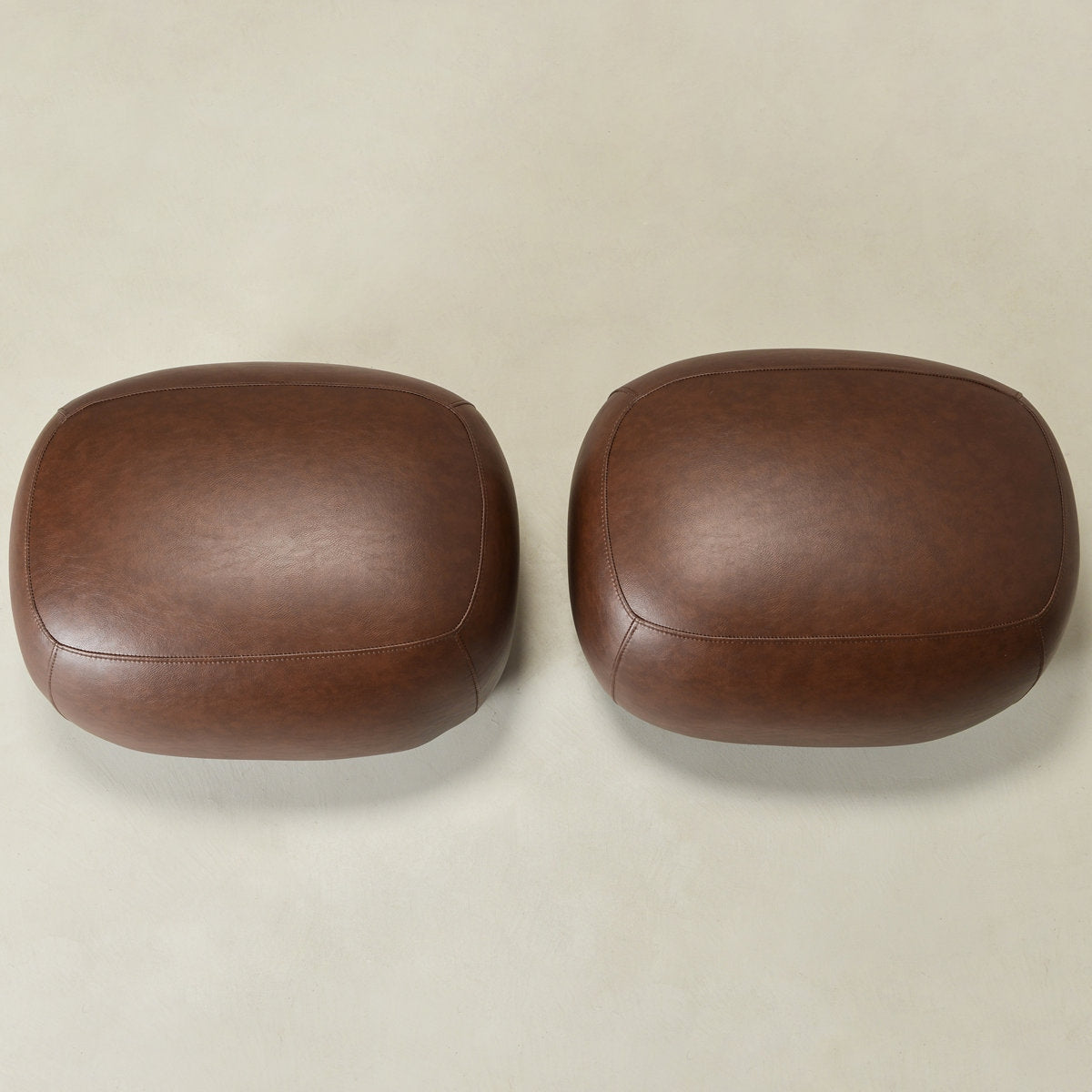 Set of 2 - Oval Faux Leather Ottoman Poufs - Solid Wood Frame