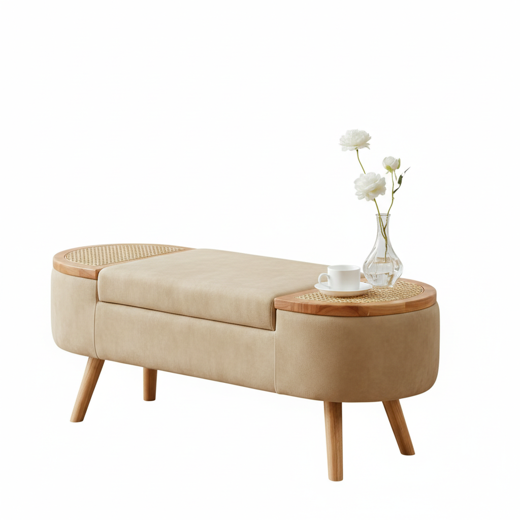 Beige bench with wooden accents and a small table on a white background