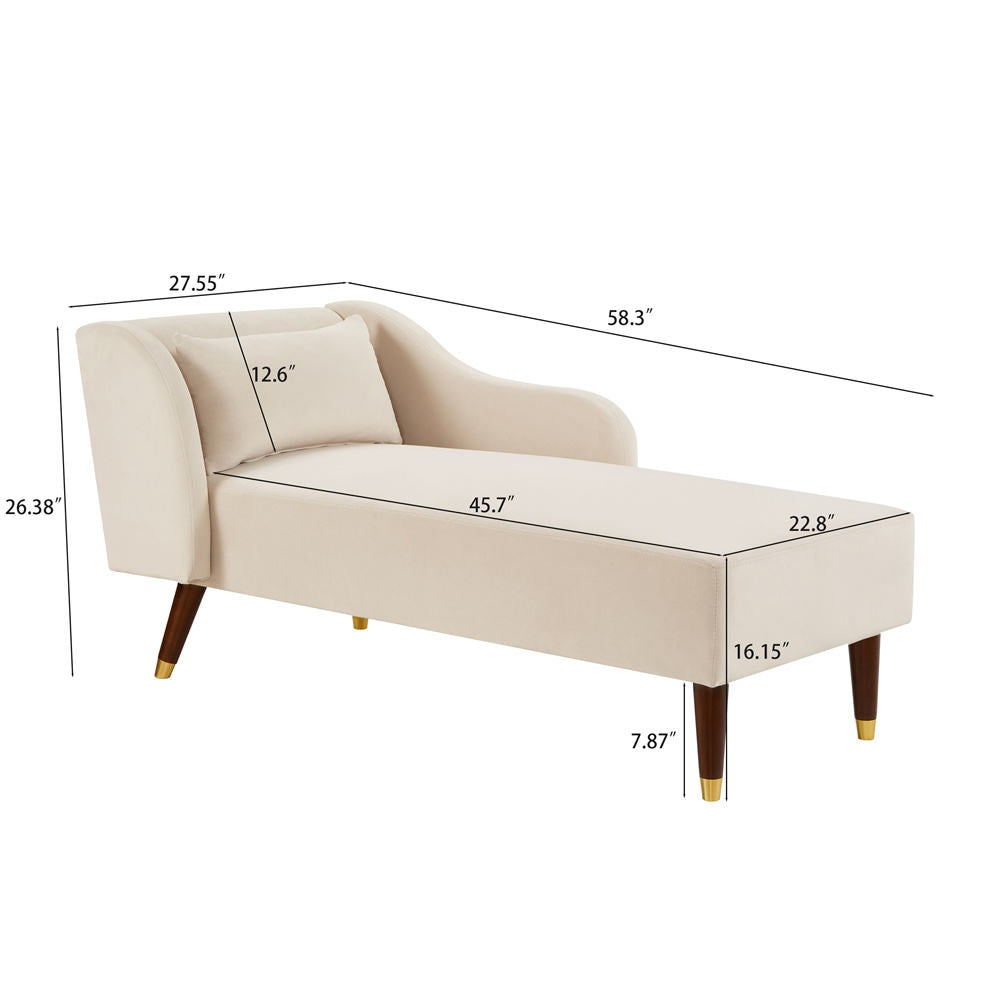 Beige chaise lounge with dimensions marked on a white background