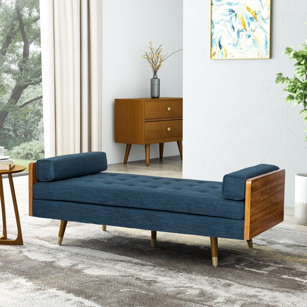 Blue bench with wooden frame in a living room setting