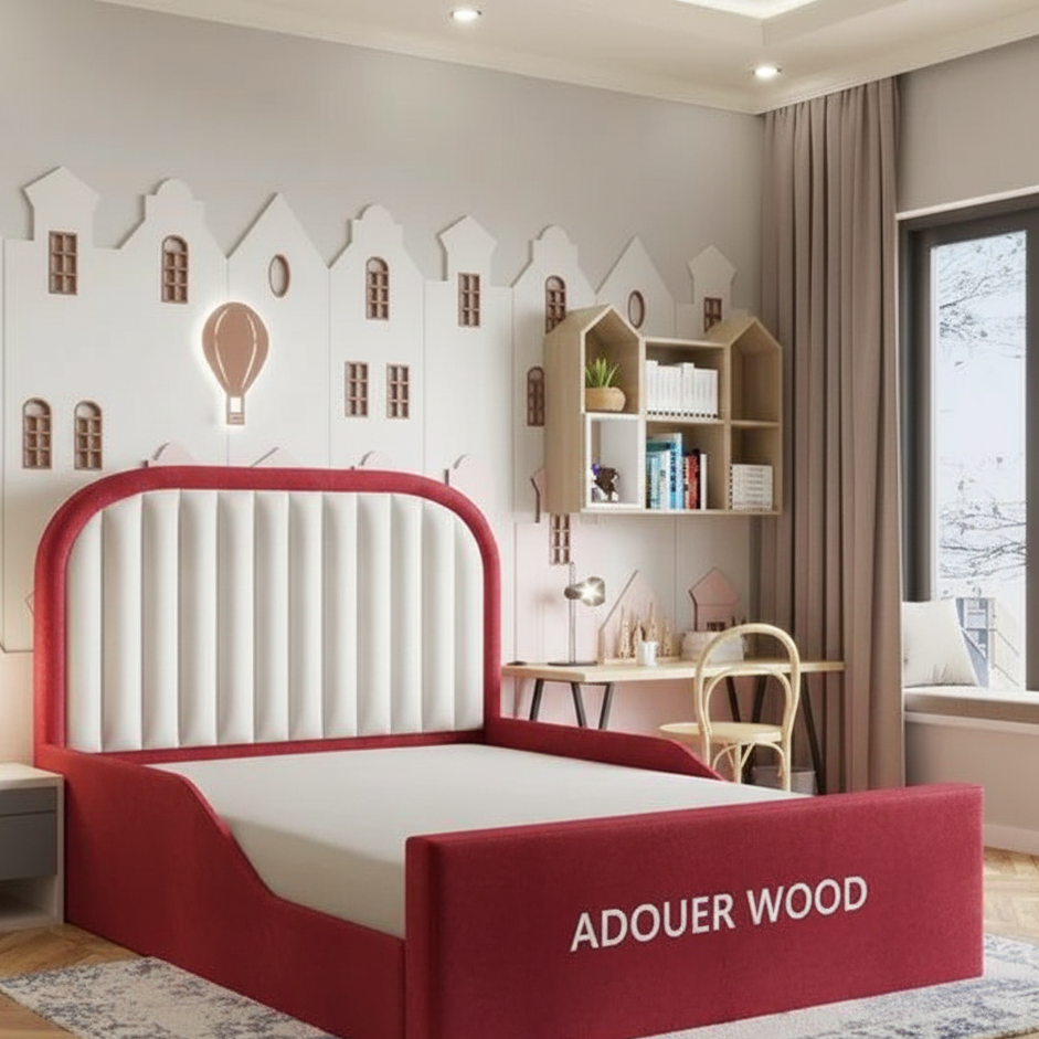 Children's bedroom with red bed, bookshelf, and decorative wall.