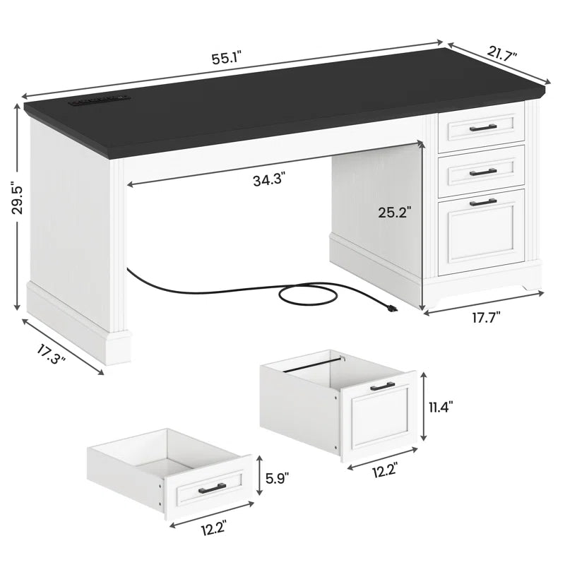 Detailed dimensions of a white desk with black top.
