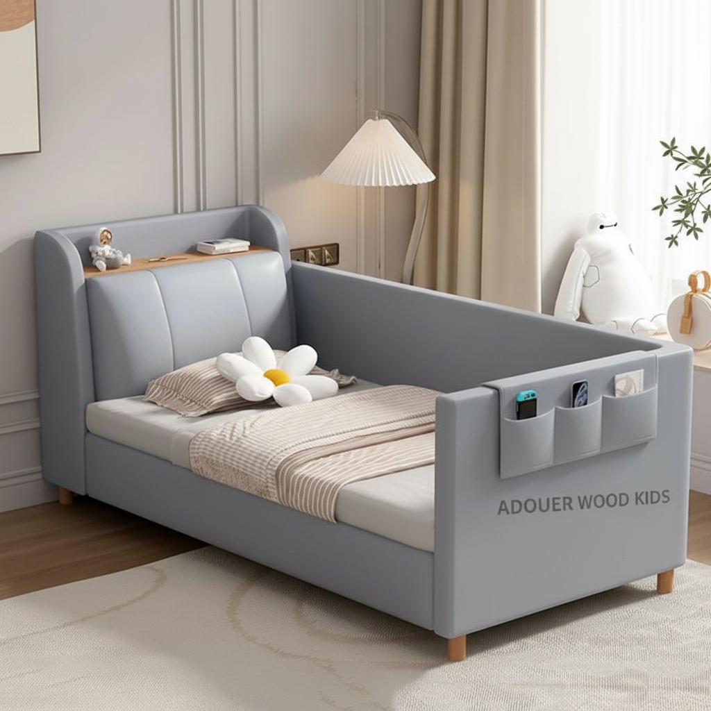 Gray children's bed with storage pockets in a room setting, featuring 'ADOUER WOOD KIDS' branding.