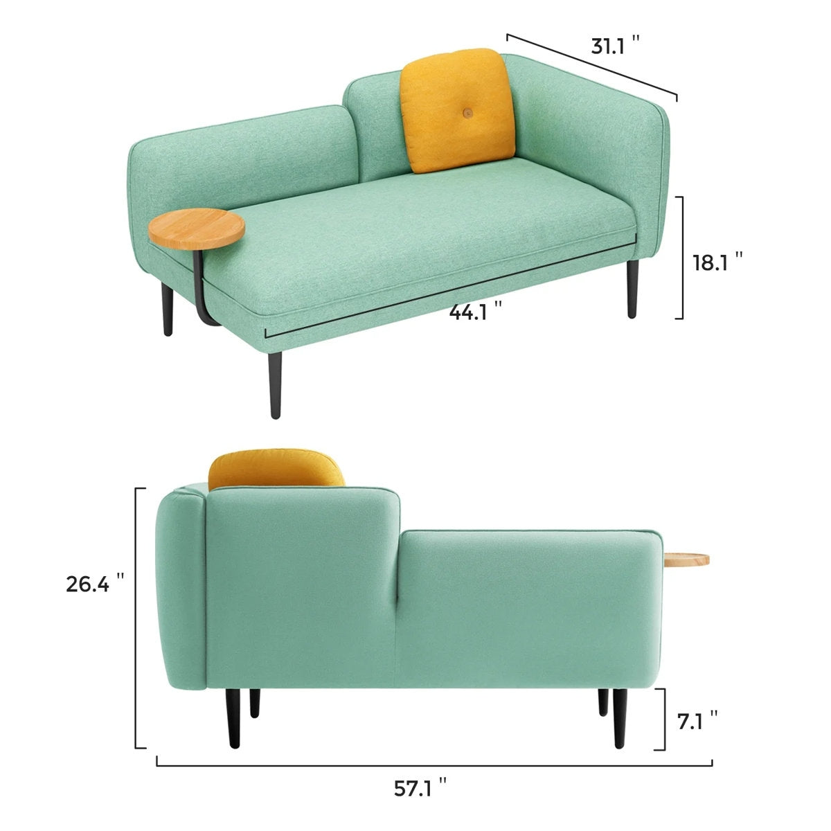 Green sofa with yellow cushions and dimensions labeled on a white background
