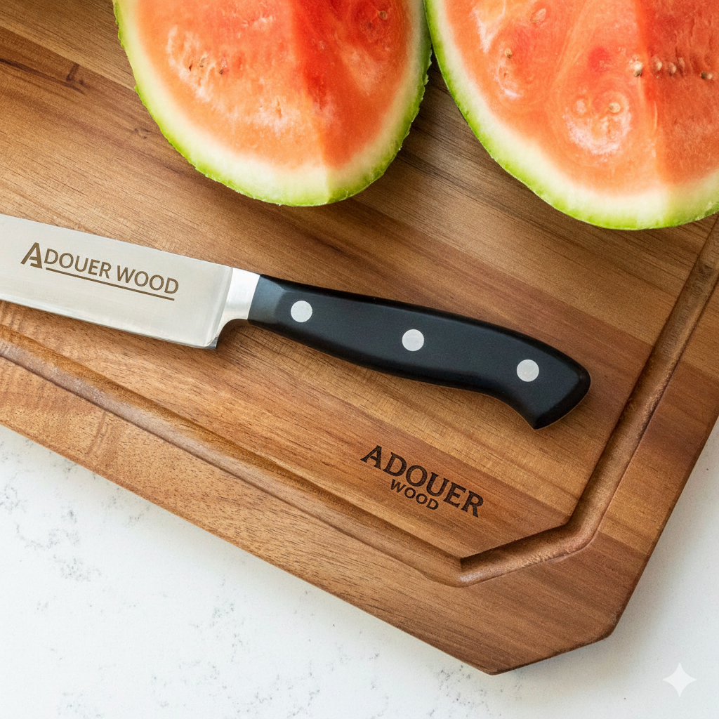 Wooden cutting board with a knife and watermelon on a white surface