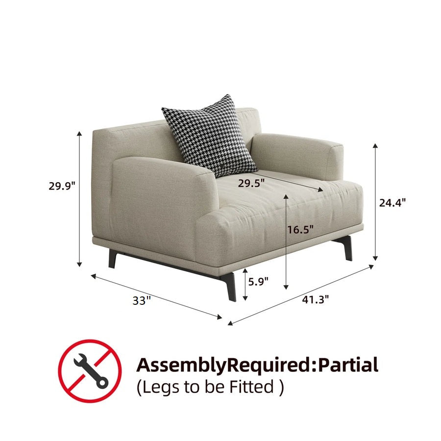Beige armchair with dimensions and assembly information on a white background