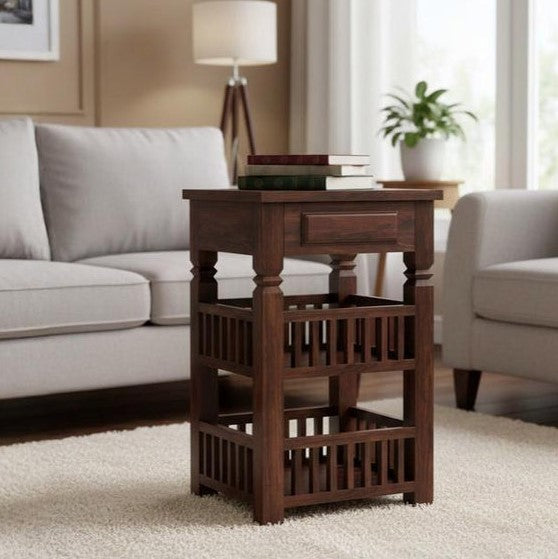 Modern Wooden side table with magazine rack in a living room setting