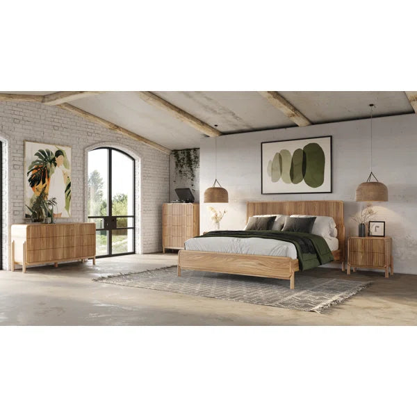 Modern Scandinavian style solid wood platform bed with slatted headboard, neutral design, positioned in a bright bedroom setting with decorative bedside tables and lamps.