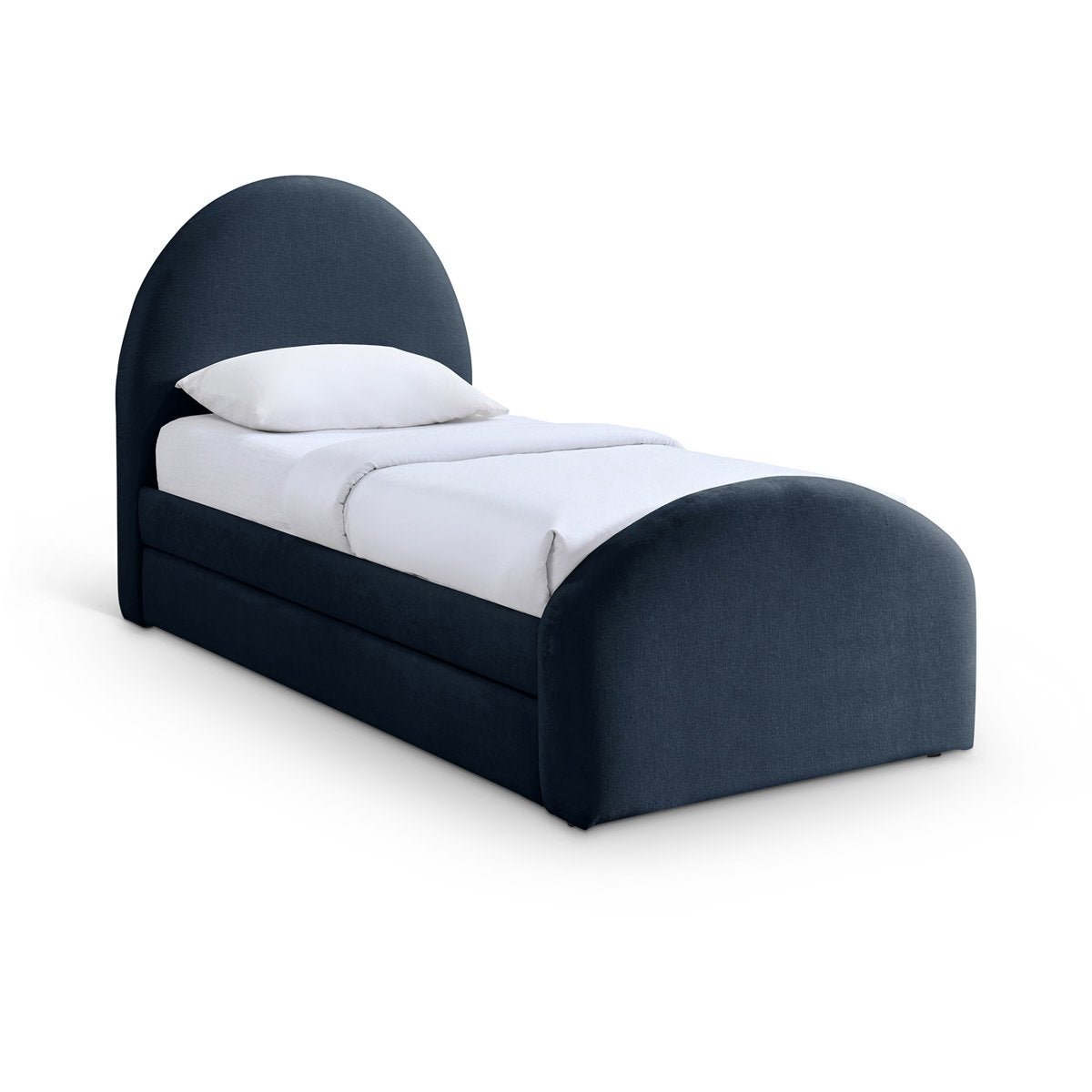 Modern bed with curved design and white bedding on a white background