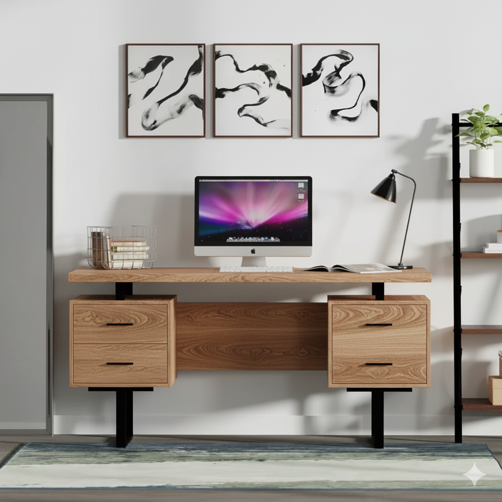 Wooden desk with computer setup in a modern office setting