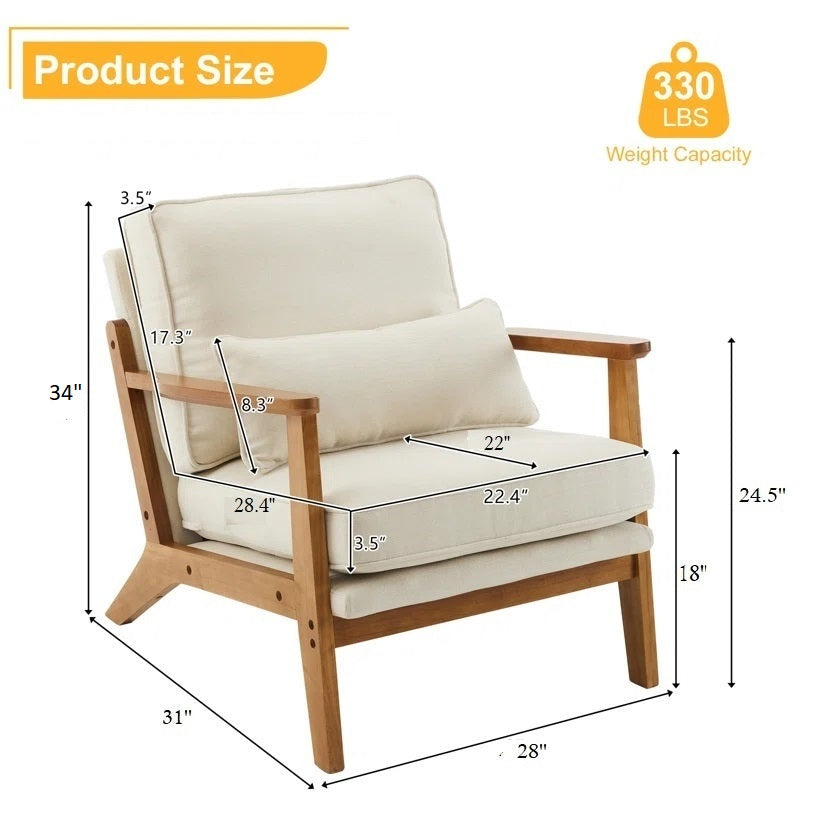 Wooden armchair with beige cushions and dimensions on a white background