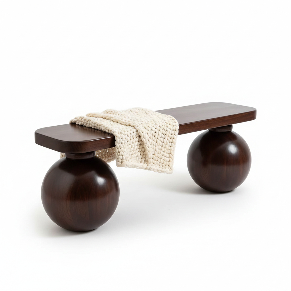 Wooden bench with spherical bases on a white background