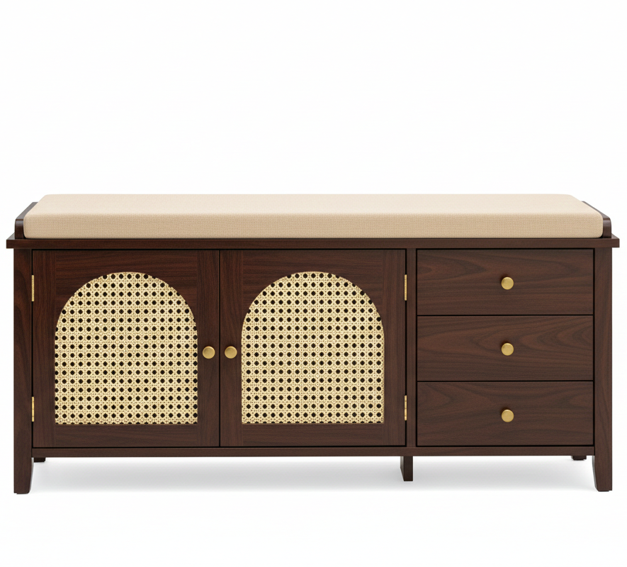 Wooden sideboard with wicker doors and beige cushion on a white background