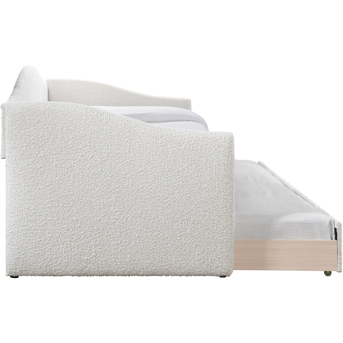 White upholstered bed with wooden frame on a white background