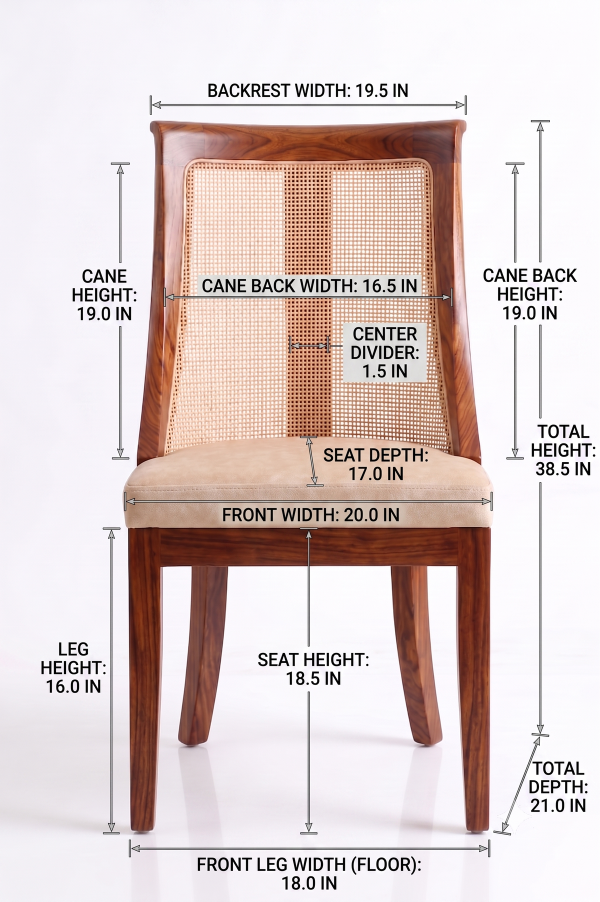 Wooden chair with detailed measurements on a white background
