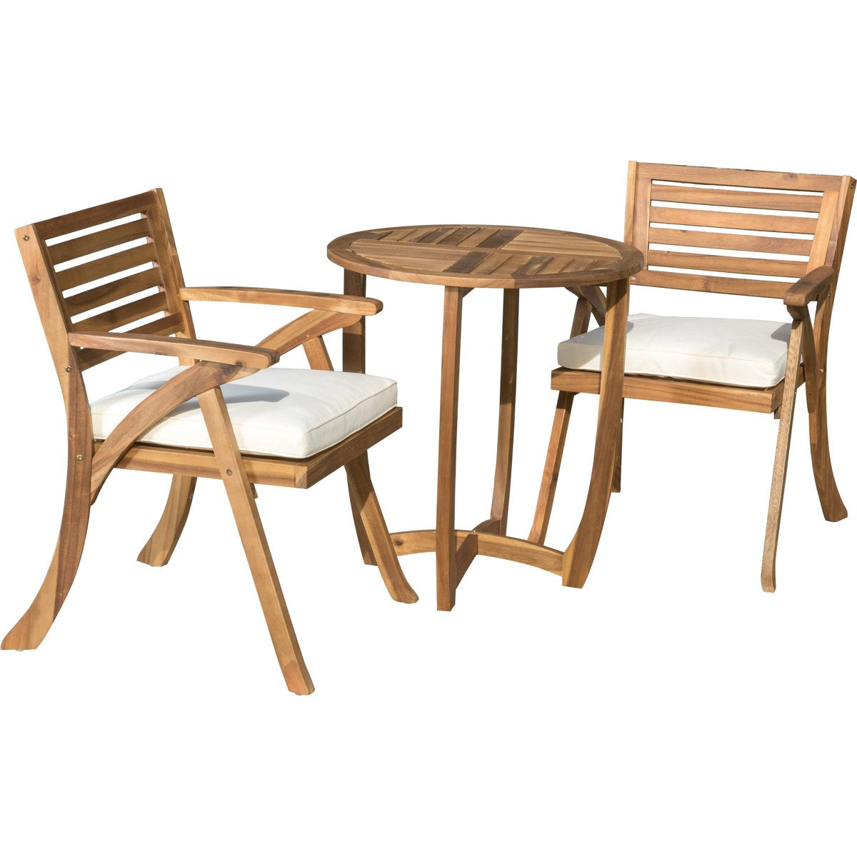 Wooden outdoor furniture set with two chairs and a round table on a white background