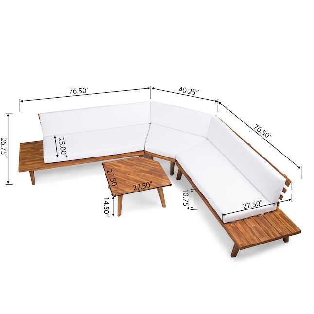 Wooden outdoor furniture set with white cushions and dimensions on a white background