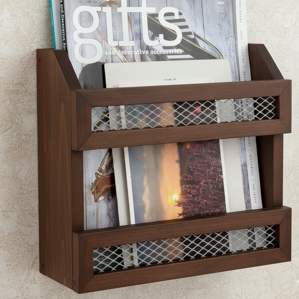 Wooden wall-mounted magazine rack with books and magazines on a beige wall.