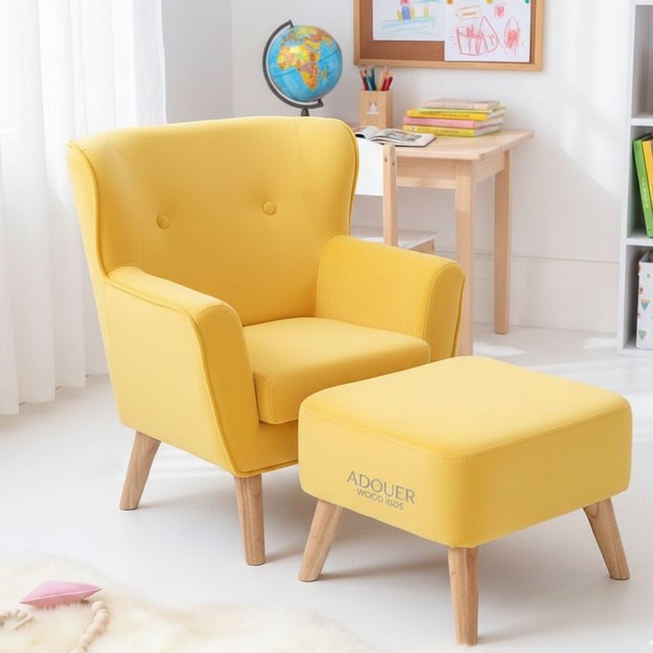 Yellow armchair with ottoman in a room setting with books and a globe.
