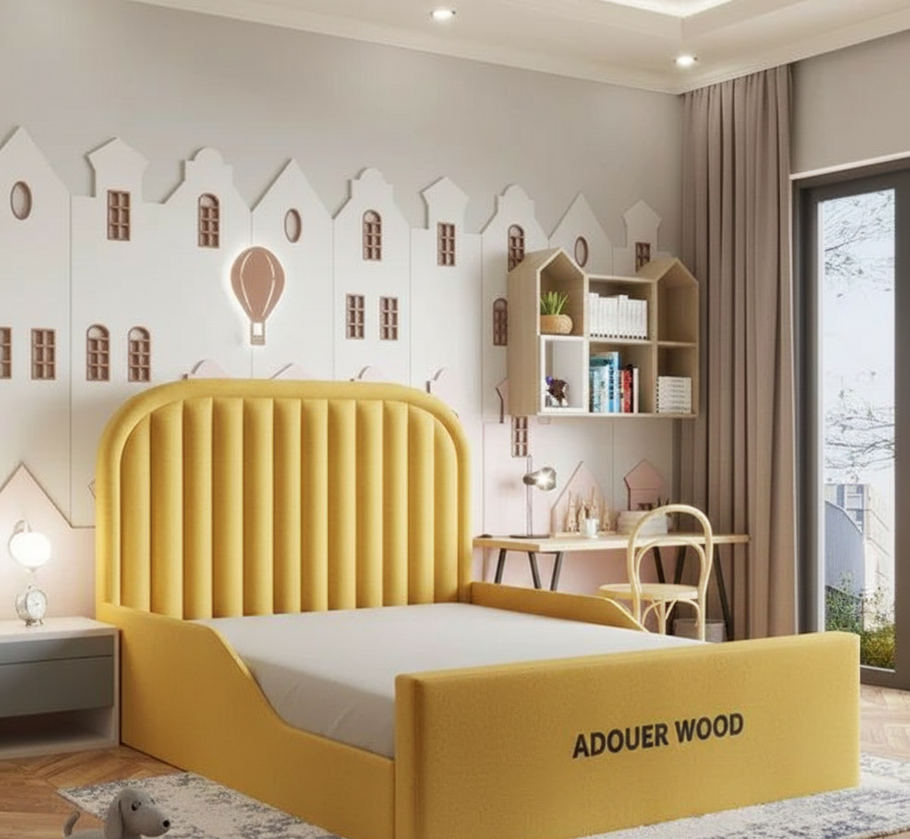 Yellow bed with 'ADOUER WOOD' branding in a modern bedroom setting.