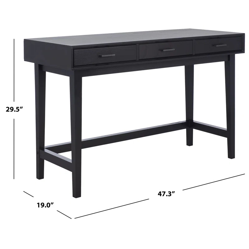 Black desk with dimensions labeled on a white background
