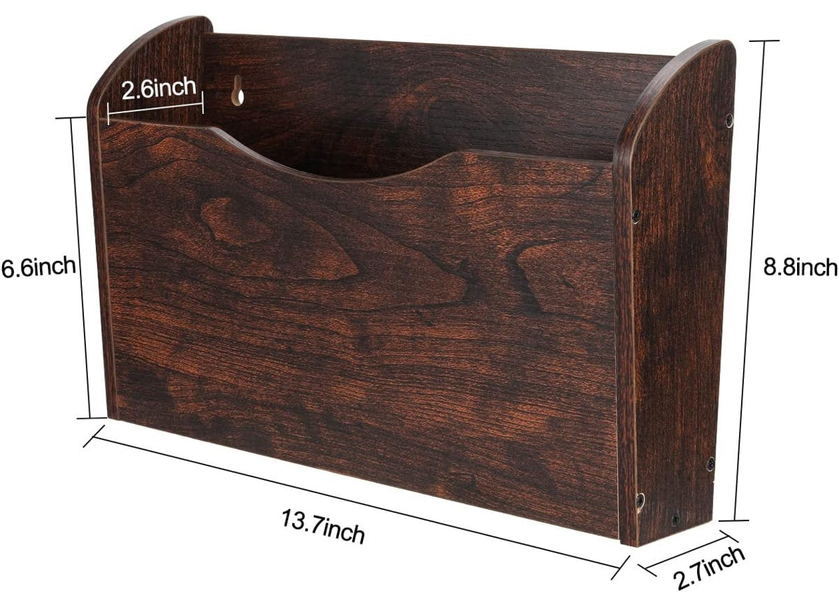 Wooden magazine holder with dimensions on a white background