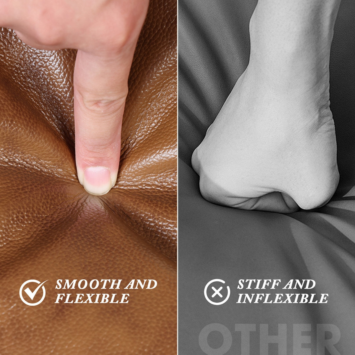 Comparison of smooth and flexible leather with stiff and inflexible material, indicated by a hand and foot respectively.