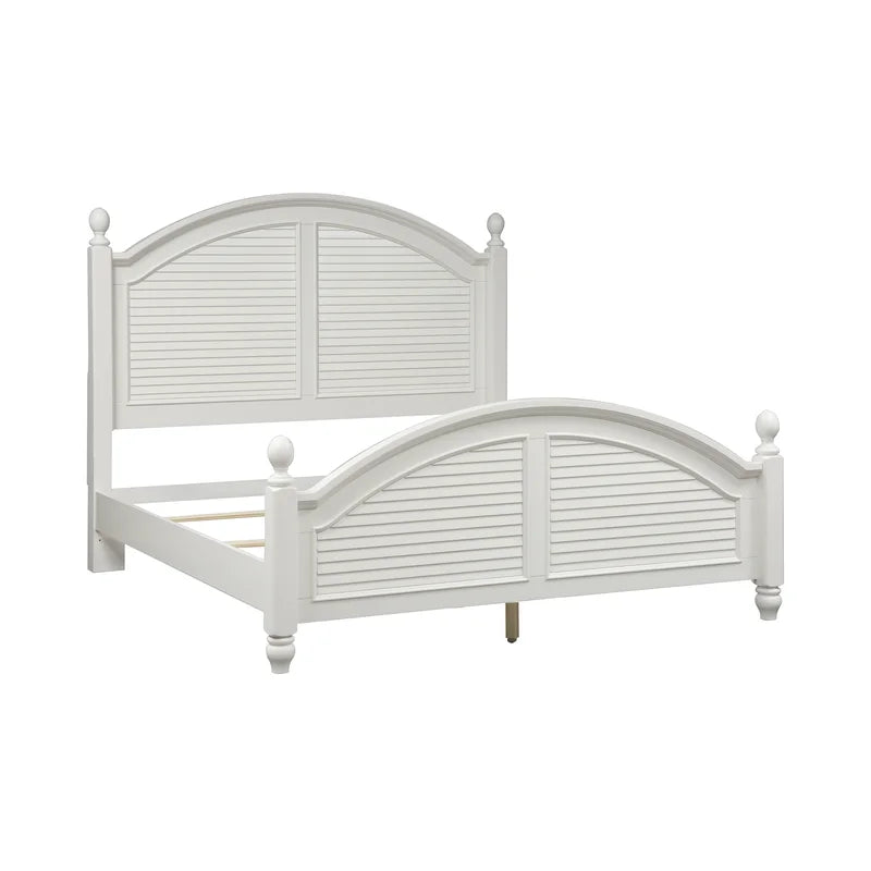 Adouer Wood "Coastal White Solid Sheesham Wood Premium Bed with Arched Headboard and Shutter Detailing"
