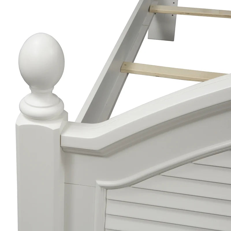 Adouer Wood "Coastal White Solid Sheesham Wood Premium Bed with Arched Headboard and Shutter Detailing"
