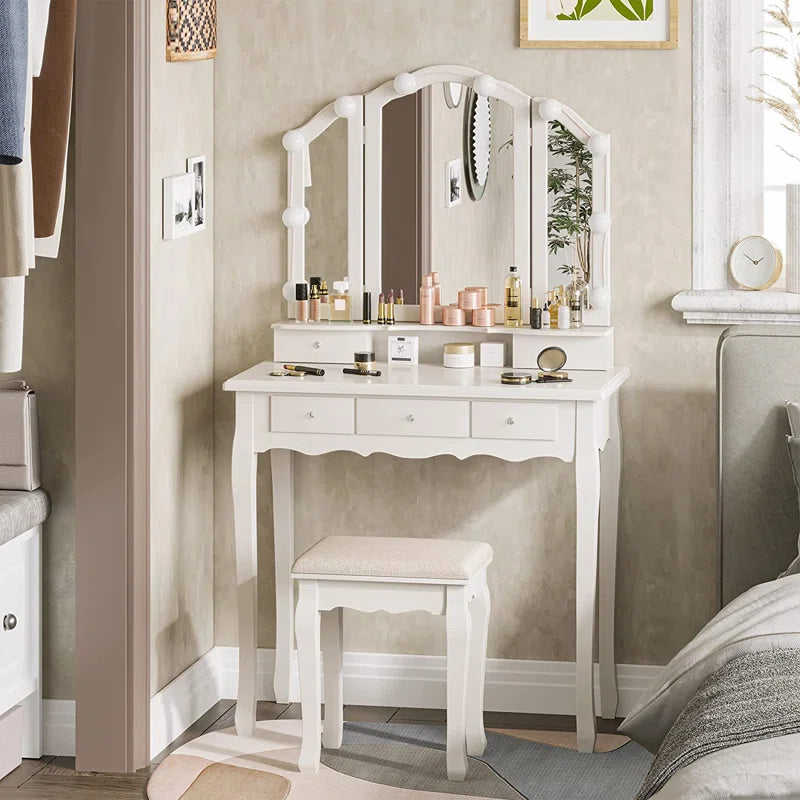 ADOUER WOOD "Elegant White Vanity Dressing Table with Tri-Fold Mirror Adouer Wood ADOUER WOOD "Elegant White Vanity Dressing Table with Tri-Fold Mirror Adouer Wood