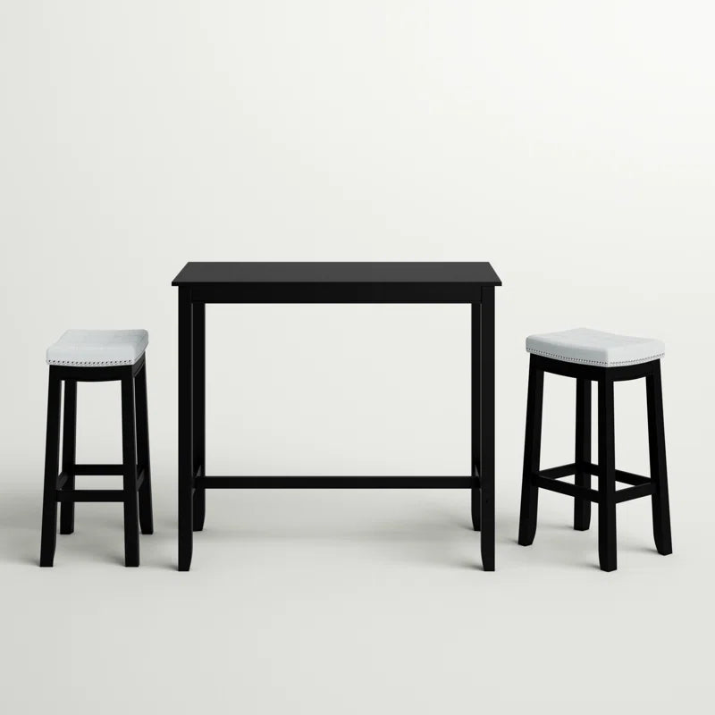Adouer Wood "Modern Black Bar Table Set with Two White Cushioned Stools"