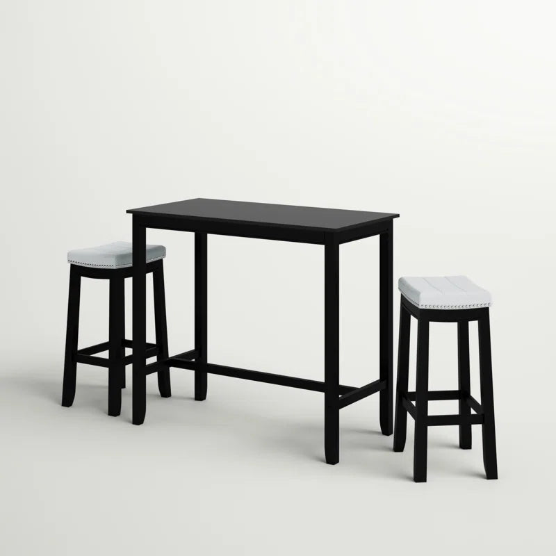 Adouer Wood "Modern Black Bar Table Set with Two White Cushioned Stools"
