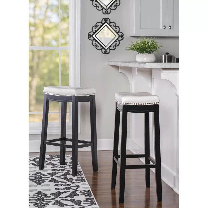 Adouer Wood "Modern Black Bar Table Set with Two White Cushioned Stools"