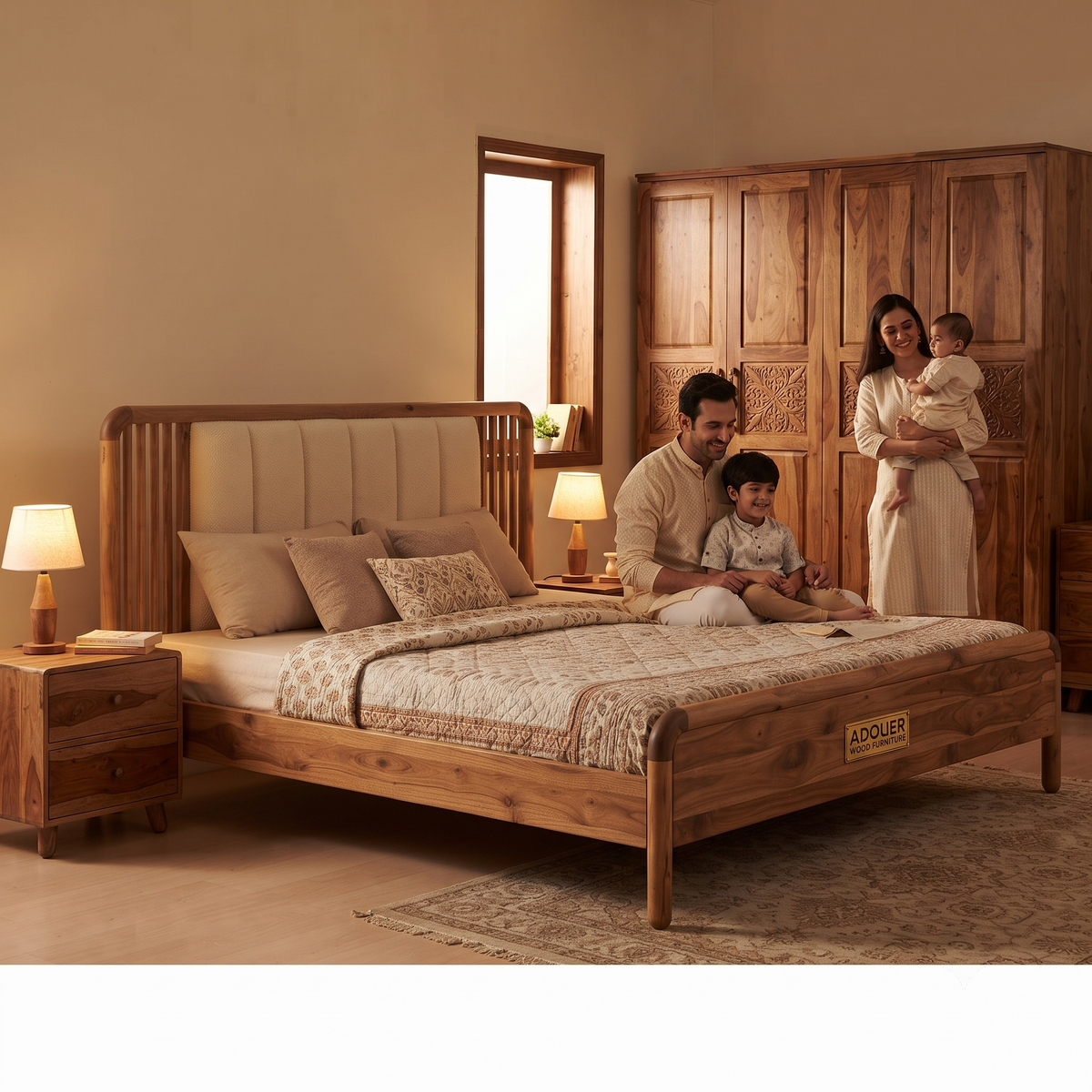 ADOUER WOOD Artisanal Sheesham Wood Bed with Bouclé-Style Vertical Channel Headboard